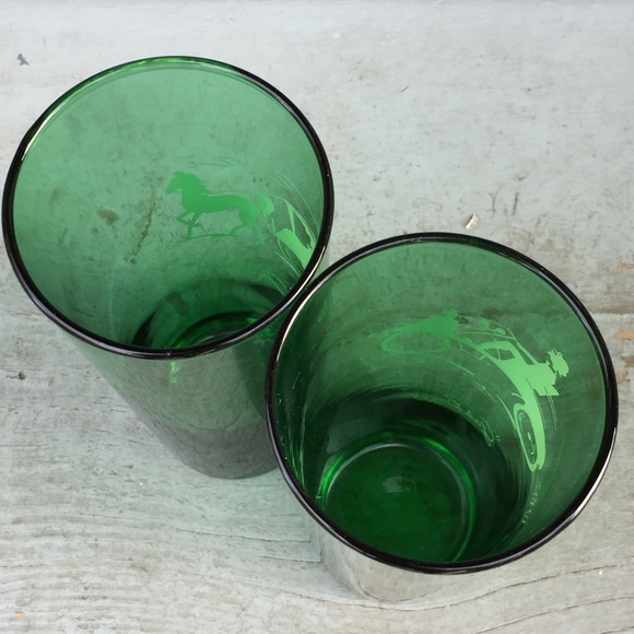 Two Vtg Forest Green Tall Glasses Tumblers HANSOM + GAS BUGGY Anchor Hocking - Picture 6 of 7